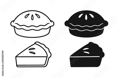 Simple graphic symbols of baked sweet dessert pie and a single slice portion