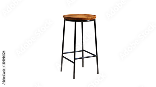 A stylish bar stool featuring a round wooden seat and a sleek black metal frame, perfect for modern kitchen islands or bars. background removed