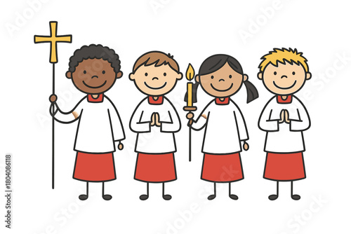 Diverse group of smiling children serving as altar servers holding a cross and candle