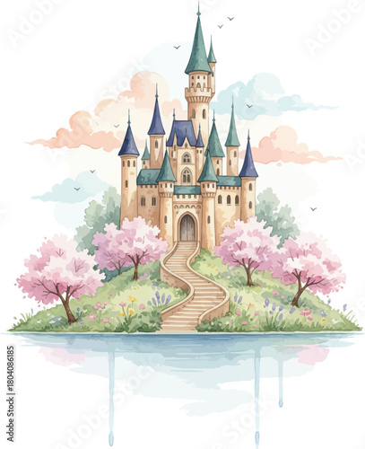 Vector cartoon illustration of a fairytale princess castle building with towers and flag on a lake, representing a fantasy kingdom palace