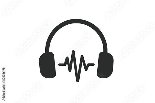 Simple black icon depicting headphones and an audio sound wave equalizer line