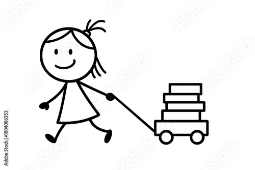Stick figure girl pulling a small wagon loaded with stacked books or boxes