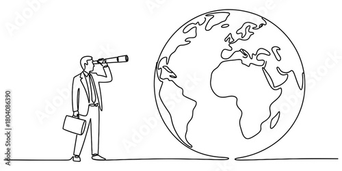 Continuous line art: businessman with telescope examining globe, symbolizing global strategy, future vision, market exploration.