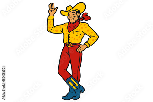 Cheerful cartoon man dressed as a cowboy waving his hand in greeting or salute