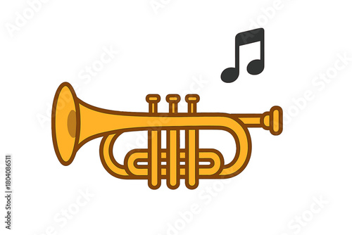 Stylized golden trumpet instrument with two black eighth notes representing music