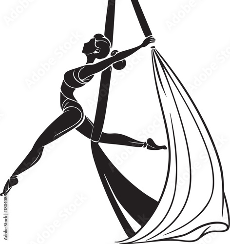 Aerial yoga pose, black silhouette of a woman suspended in a silk hammock