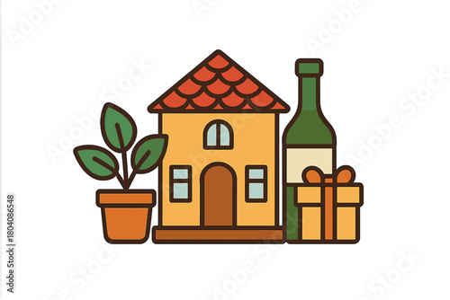 Charming small house with potted plant, wine bottle, and wrapped gift box symbolizing celebration