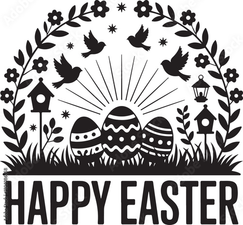 Festive Easter egg design with bird silhouettes and floral details for seasonal greetings