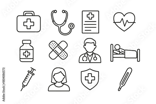 Essential healthcare and medical symbols featuring doctor, patient, first aid kit, and diagnostic tools