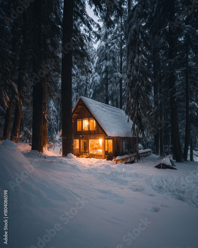 Tiny house in winter forest, aurora borealis faint glow, smoke from chimney, Scandinavian architecture, fairy tale aesthetic