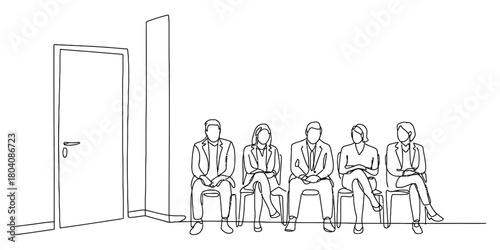 Minimalist line art illustration of business people waiting patiently in a row outside an office door, concepts of queue and anticipation