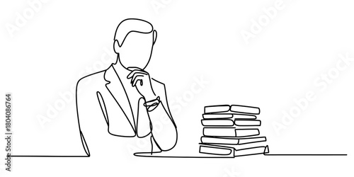 Continuous line drawing of a thoughtful businessman considering a stack of books, symbolizing learning, knowledge, and problem-solving.