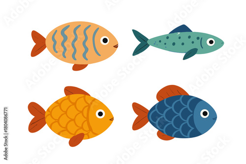 Four colorful stylized cartoon fish swimming in the ocean or aquarium