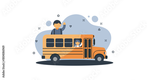 A cheerful illustration depicts children waving from a yellow school bus, symbolizing education and the journey to learning and growth.