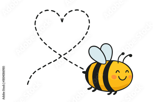 Cute cartoon bee flying along a dashed line path forming a romantic heart shape