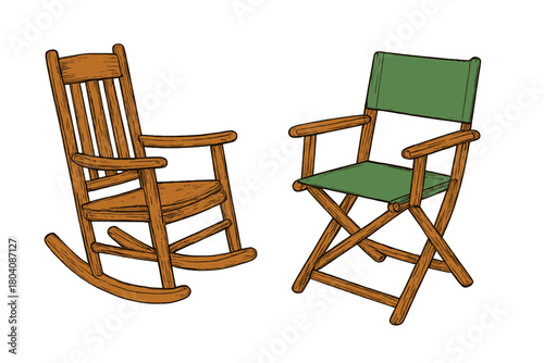 Classic wooden rocking chair next to a folding director's chair with green canvas seat and back