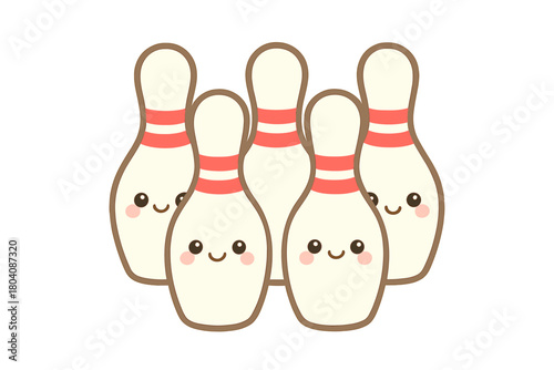 A group of adorable kawaii style bowling pins with smiling faces standing together ready for a game