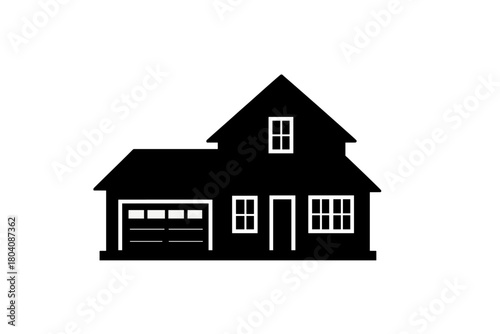 Black silhouette of a detached suburban family home with attached garage and multiple