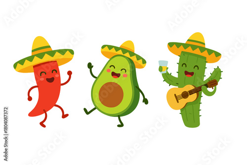Cute cartoon characters celebrating Mexican fiesta with chili pepper, avocado, and cactus wearing sombreros