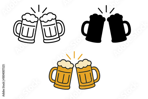 Set of beer mugs clinking together in outline silhouette and color styles for celebration