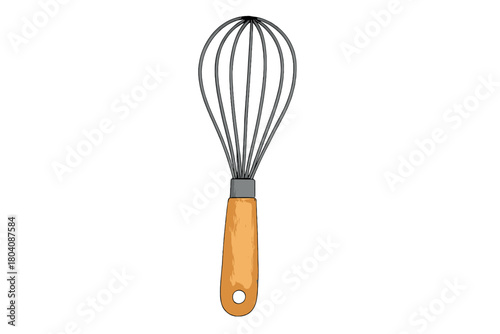 Traditional kitchen whisk with wooden handle and metal wires for baking and cooking