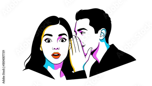 High-quality black outline colorful art of person whispering into someone’s ear with expressive faces, minimalist modern style