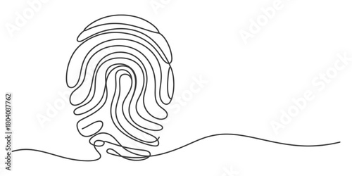One continuous line drawing of a human fingerprint, representing identity, biometric security, digital authentication, and individual uniqueness.