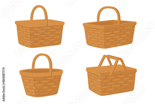 Brown woven wicker picnic baskets with handles and lids in open and closed styles
