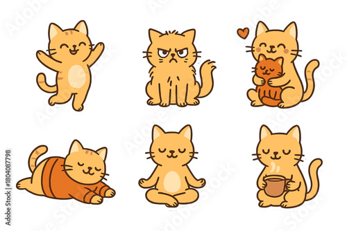 Adorable cartoon orange cat characters expressing various moods and feelings