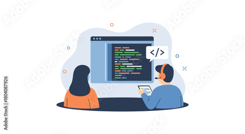 A team of developers collaborate, coding on a computer screen, discussing and working together on a project with a tablet.