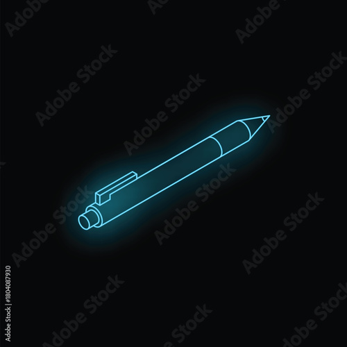 Blue neon pen glowing on black background representing writing, ideas, and creativity