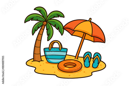 Tropical beach vacation items on sand including palm tree umbrella and flip flops