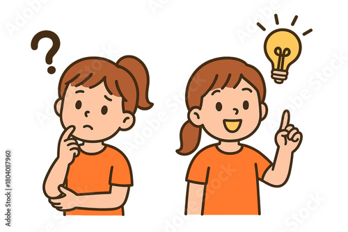 Young girl thinking about a problem and finding a solution symbolized by a bright light bulb