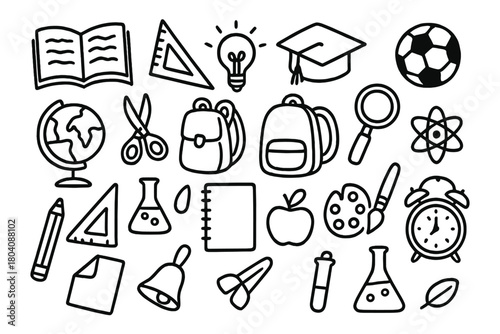 Hand drawn doodle style school supplies and education objects on white background