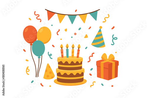 Colorful birthday party elements set with cake, balloons, and gift box