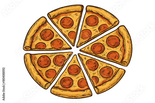 Seven separated slices of classic pepperoni pizza arranged in a circular pattern