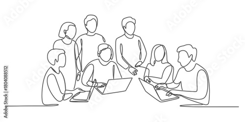 Continuous line drawing of a diverse team collaborating on laptops, symbolizing business meetings, innovation, and digital teamwork concept