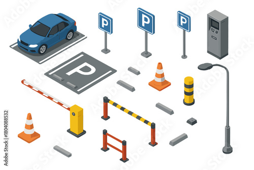 Isometric parking lot infrastructure elements set with car, signs, barrier, and payment terminal