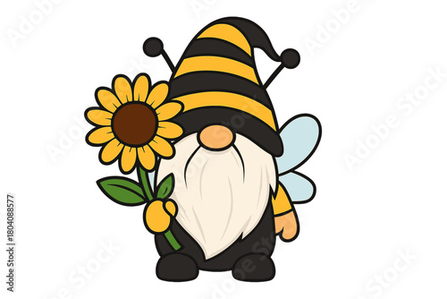 Adorable bearded gnome wearing a striped bee hat and wings while holding a large sunflower