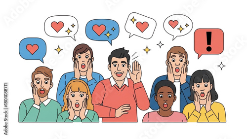 High-quality black outline colorful art of shocked people hearing gossip, playful rumors, expressive facial reactions, clean illustration