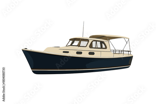 Classic small cabin cruiser motorboat with navy blue hull isolated on white background