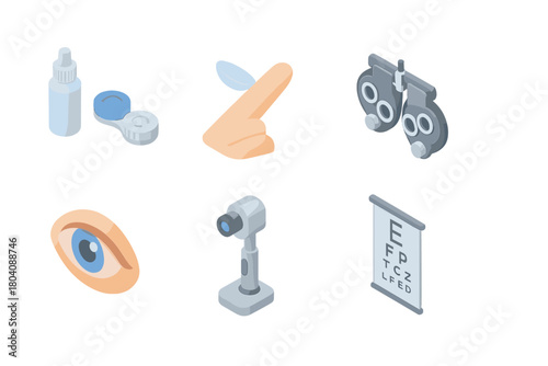 Isometric set of ophthalmology equipment and vision correction tools on white background