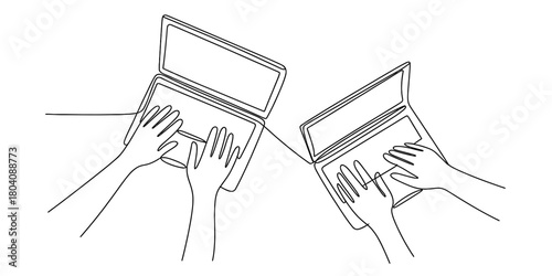 Continuous line art drawing of two pairs of hands working on separate laptops, depicting remote collaboration, online learning, or business teamwork.