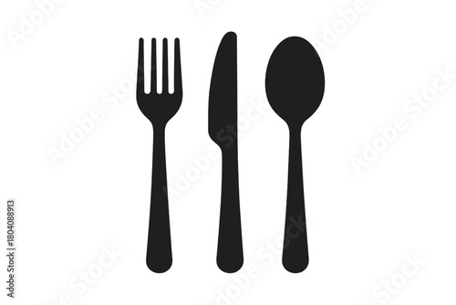 Black silhouette of dining cutlery set including fork, knife, and spoon arranged vertically