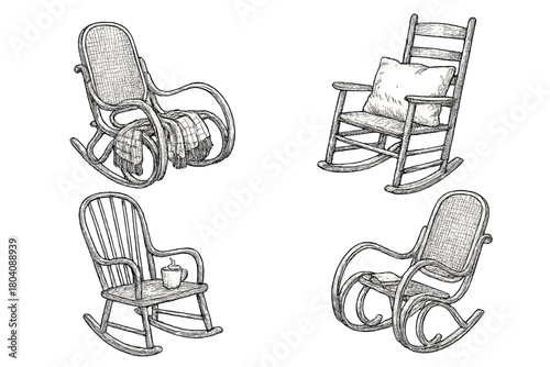 Four vintage wooden rocking chairs with blankets, pillows, and a mug