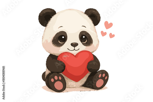 Adorable baby panda bear character sitting and holding a big red heart with small floating hearts