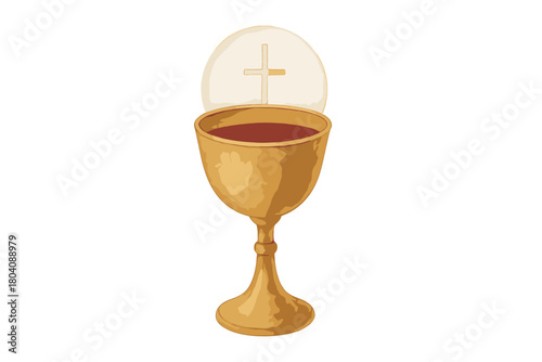 Golden chalice with wine and sacramental host for Christian communion ceremony