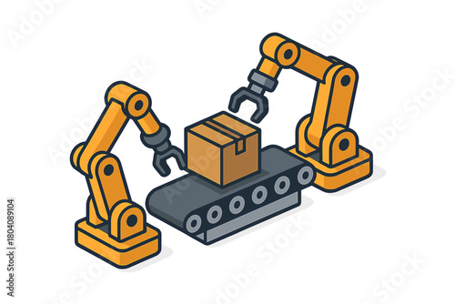 Automated manufacturing process featuring robotic arms handling a cardboard box on a production line