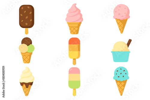 Colorful assortment of frozen desserts including ice cream cones, popsicles, and soft serve treats