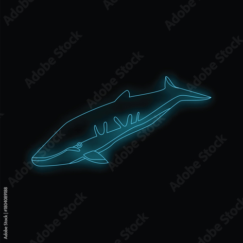 Minimalist drawing of a whale, with glowing blue lines on a black background